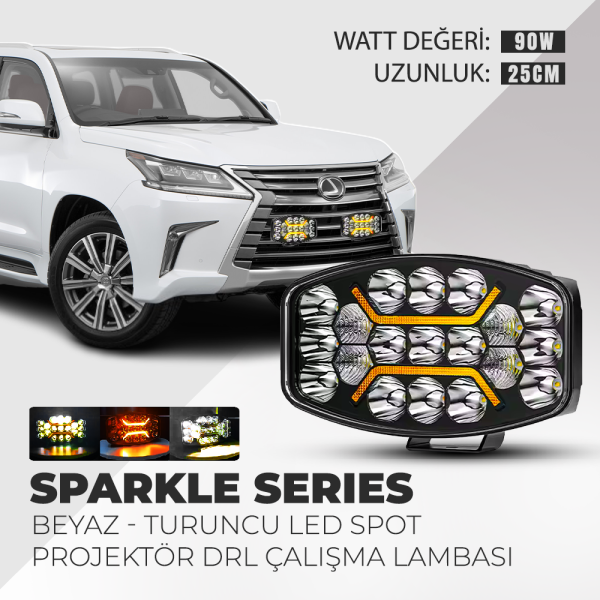 Sparkle 10'' Beyaz Turuncu Led Spot Projektör + DRL Çalışma Lambası Tır Kamyon Araç Kaput Tampon Tavan Çatı Işıkları